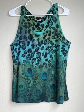 Reina Green Peacock Feather Leopard Print Tank Top Blouse Women Size Medium